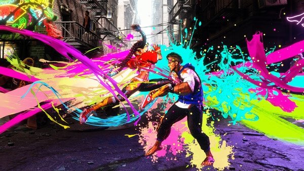 Screenshot of Street Fighter 6-Steam-NA showing a vibrant fight scene with colorful splashes as two characters battle in an urban setting.