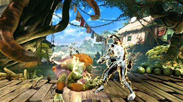Street Fighter 6-Steam-NA screenshot: Two fighters engage in combat on a wooden platform in a jungle setting with vibrant greenery.