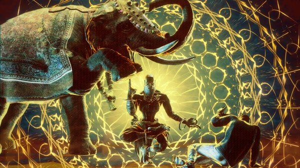 Street Fighter 6-Steam-NA screenshot featuring Dhalsim in a mystical pose, an elephant, and a fallen opponent amidst glowing patterns.