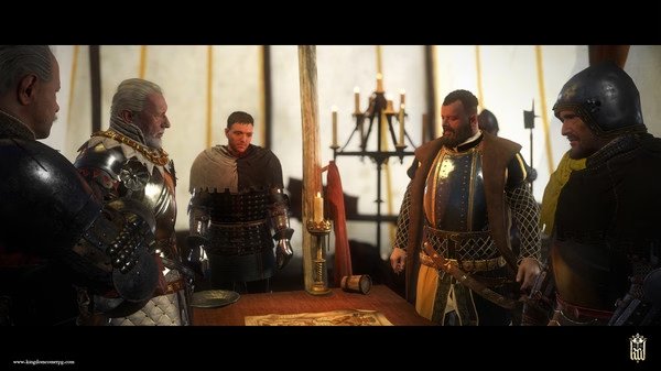 A screenshot from Kingdom Come: Deliverance showing armored characters gathered around a table with a map in a tent.
