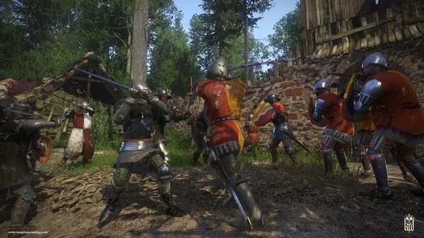 Screenshot from Kingdom Come: Deliverance showing armored knights in combat, with swords drawn in a forest setting.