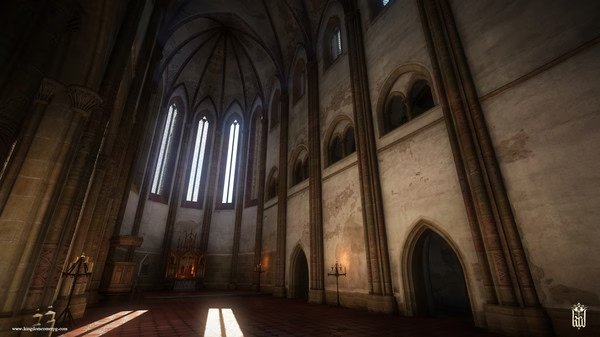 A screenshot from Kingdom Come: Deliverance showing a detailed cathedral interior with tall arches, stained glass windows, and sunlight streaming in.