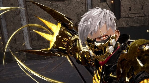 Screenshot from Code Vein 2 showing a character with silver hair and gold armor, wielding glowing, golden blades.