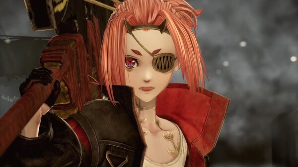 A character with red hair and a large weapon in Code Vein 2. The background shows a cloudy sky. Game screenshot.