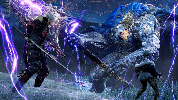 A Code Vein 2 screenshot showing two characters in combat with a large armored creature, amidst a backdrop of dark, ominous skies.