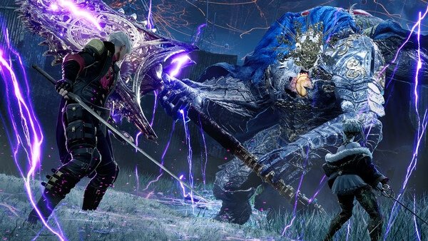 A Code Vein 2 screenshot showing two characters in combat with a large armored creature, amidst a backdrop of dark, ominous skies.