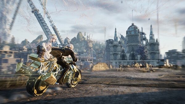 Screenshot from Code Vein 2 showing two characters riding a futuristic motorcycle in a post-apocalyptic cityscape.
