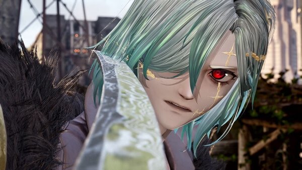 A warrior with teal hair in Code Vein 2 holds a detailed sword in this action-packed screenshot.