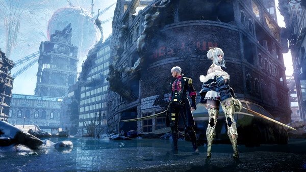 Screenshot from Code Vein 2 showing two characters in ornate armor standing in a post-apocalyptic cityscape with icy terrain.
