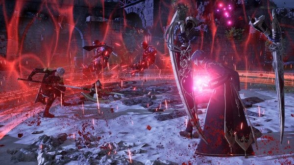 Screenshot from Code Vein 2 showing intense battle with characters wielding weapons amidst red glowing energy effects.