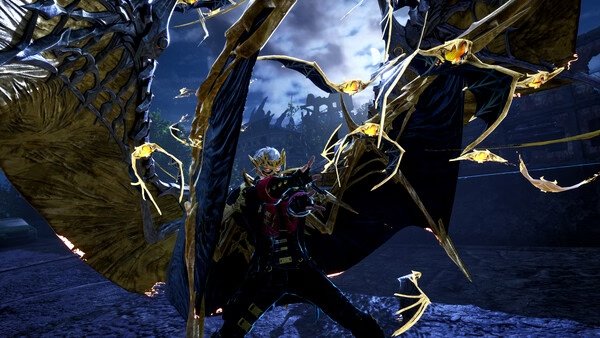 Screenshot from Code Vein 2 showing a character in dark armor confronting a massive winged creature against a stormy sky.