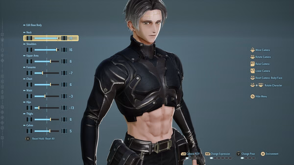 Screenshot from Code Vein 2 showing a character customization menu with a muscular avatar in a black outfit, sliders on the side.