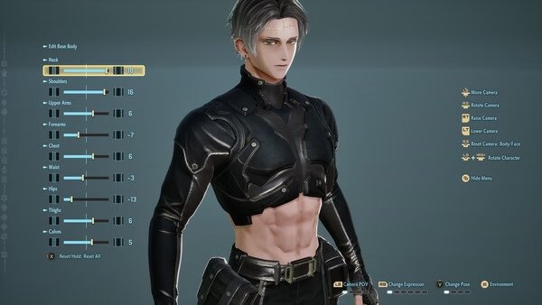 Screenshot from Code Vein 2 showing a character customization menu with a muscular avatar in a black outfit, sliders on the side.