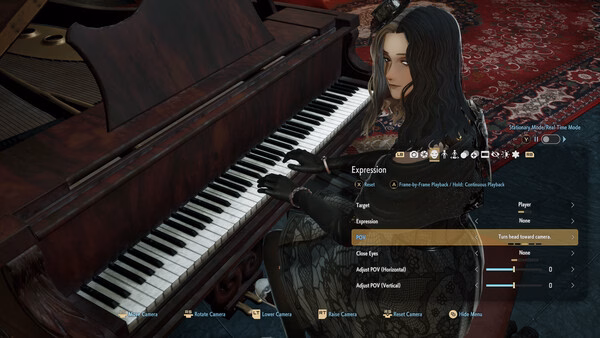 A screenshot from Code Vein 2 showing a character sitting at a grand piano in a dimly lit room with ornate red carpets.