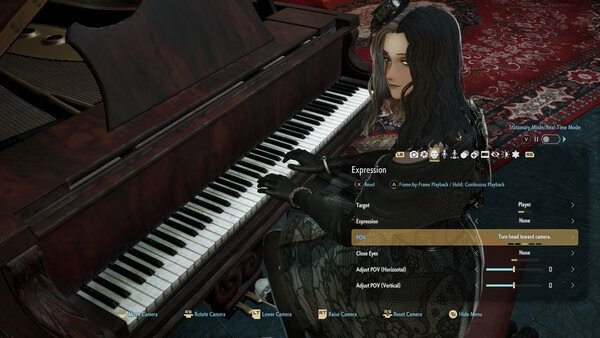 A screenshot from Code Vein 2 showing a character sitting at a grand piano in a dimly lit room with ornate red carpets.