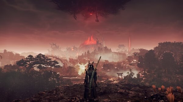 A screenshot from Nioh 3 with Pre-purchase Bonus shows a lone samurai facing a fiery landscape under a looming dark entity in the sky.