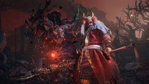 Nioh 3 with Pre-purchase Bonus screenshot: A warrior in ornate armor faces a dark, demonic creature in a fiery, otherworldly landscape.