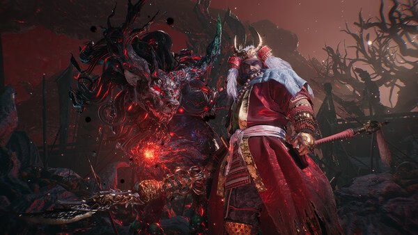 Nioh 3 with Pre-purchase Bonus screenshot: A warrior in ornate armor faces a dark, demonic creature in a fiery, otherworldly landscape.
