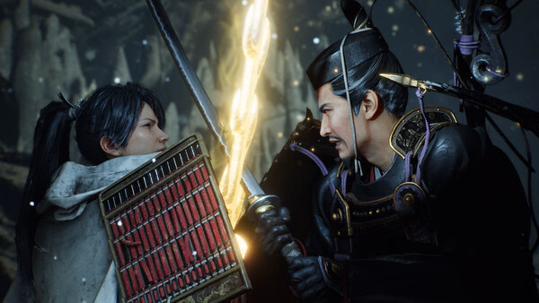 Screenshot from Nioh 3 with Pre-purchase Bonus showing two armored warriors clashing swords amidst a dark, snowy backdrop.