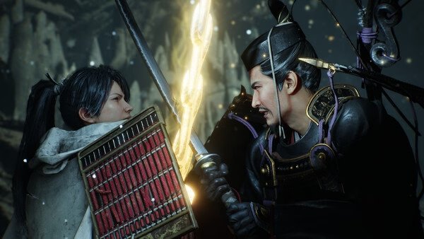 Screenshot from Nioh 3 with Pre-purchase Bonus showing two armored warriors clashing swords amidst a dark, snowy backdrop.
