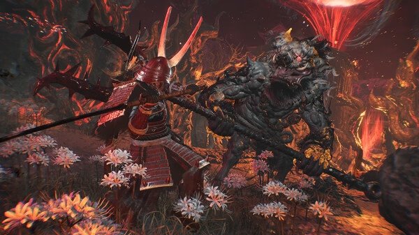 Nioh 3 with Pre-purchase Bonus screenshot: A warrior in red armor battles a monstrous creature in a fiery, flower-filled landscape.