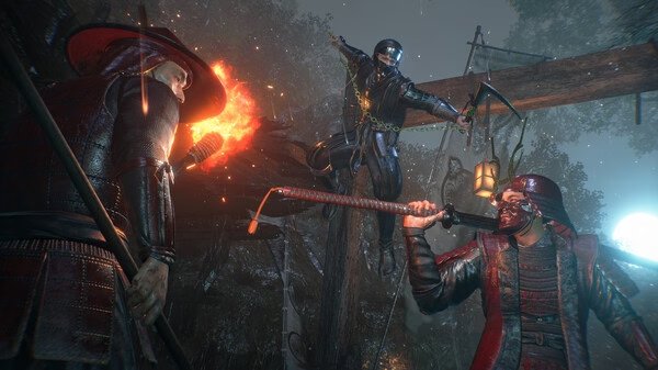 Screenshot from Nioh 3 with Pre-purchase Bonus showing an intense battle scene with three armored warriors wielding swords.