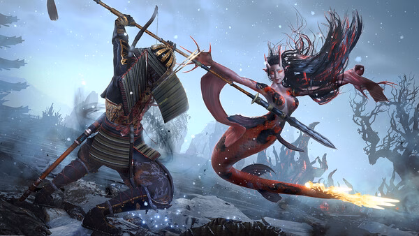 A Nioh 3 with Pre-purchase Bonus screenshot showing a samurai fighting a demon woman in a snowy battlefield.