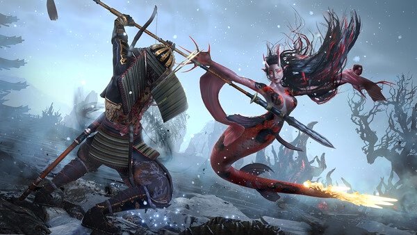 A Nioh 3 with Pre-purchase Bonus screenshot showing a samurai fighting a demon woman in a snowy battlefield.