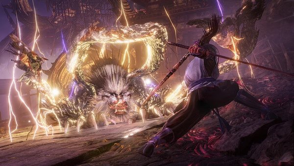 Screenshot from Nioh 3 with Pre-purchase Bonus showing a warrior battling a glowing, thunderous serpent creature.