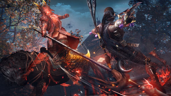 Nioh 3 with Pre-purchase Bonus screenshot: Two armored warriors in mid-battle, surrounded by fiery sparks and dramatic lighting.
