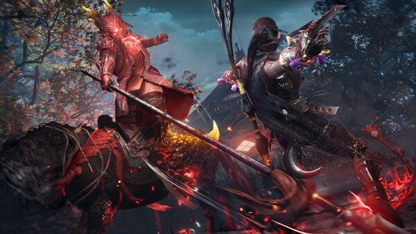 Nioh 3 with Pre-purchase Bonus screenshot: Two armored warriors in mid-battle, surrounded by fiery sparks and dramatic lighting.