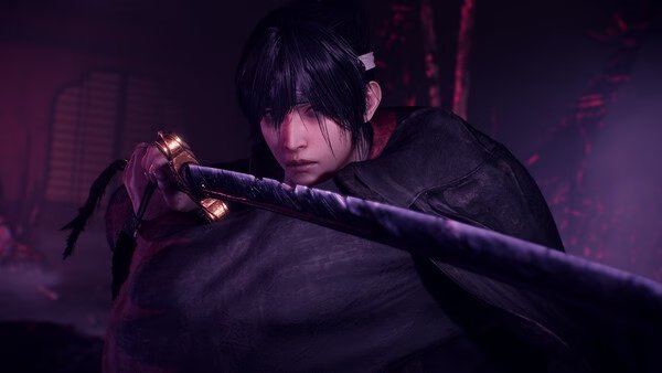 Nioh 3 with Pre-purchase Bonus screenshot: A warrior with a sword in a defensive stance, set against a dark, moody background.