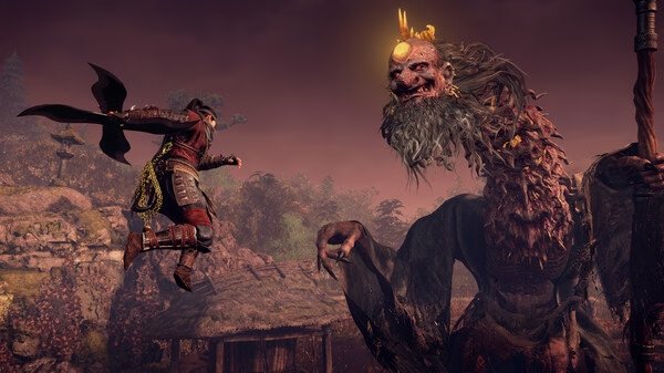 A Nioh 3 with Pre-purchase Bonus screenshot showing a warrior mid-air attacking a giant, monstrous creature in a village setting.