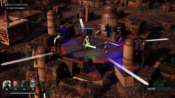 STAR WARS Zero Company™ screenshot: Four characters wielding lightsabers and blasters battle on a sci-fi platform in rocky terrain.