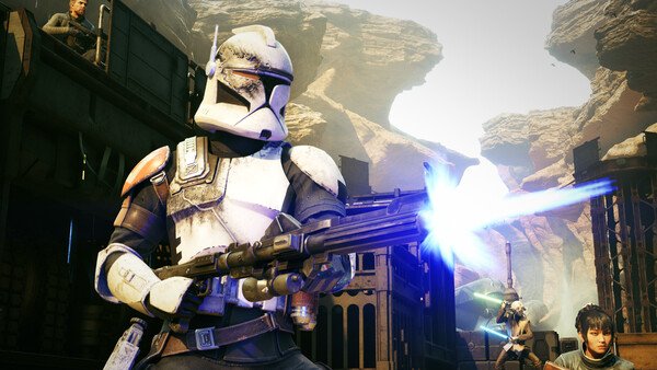 A screenshot from STAR WARS Zero Company™ showing a Clone Trooper firing a blaster in a rocky desert environment with other characters nearby.