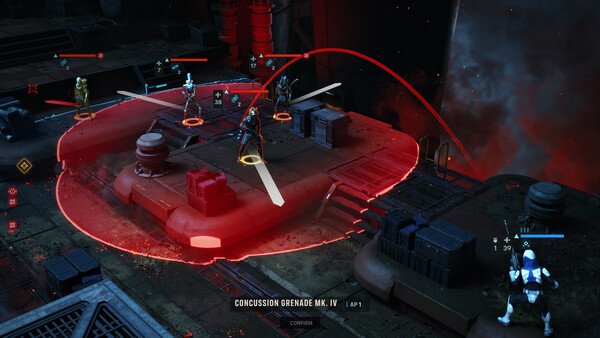 STAR WARS Zero Company™ screenshot: Players engage enemies with weapons and abilities on a futuristic, industrial battlefield.