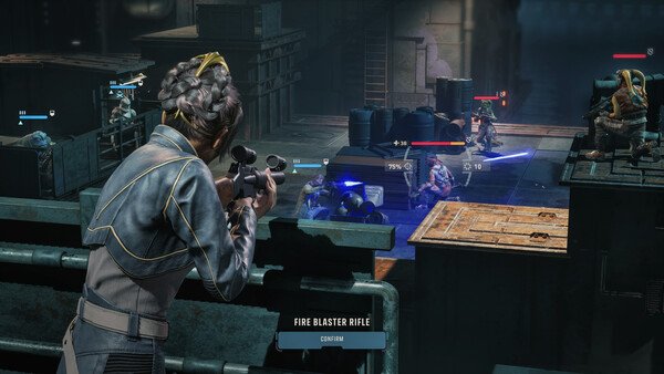 A STAR WARS Zero Company™ screenshot shows a character aiming a blaster rifle at enemies in a dimly lit industrial setting.