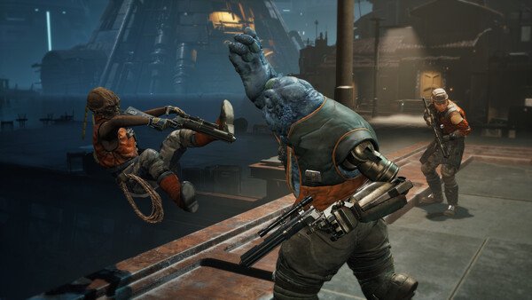 Screenshot from STAR WARS Zero Company™ showing a blue-skinned alien attacking a soldier while another armed soldier watches.