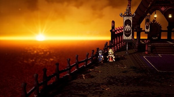 A screenshot from Octopath Traveler 0 showing two characters on a bridge overlooking a dramatic sunset-lit sea.
