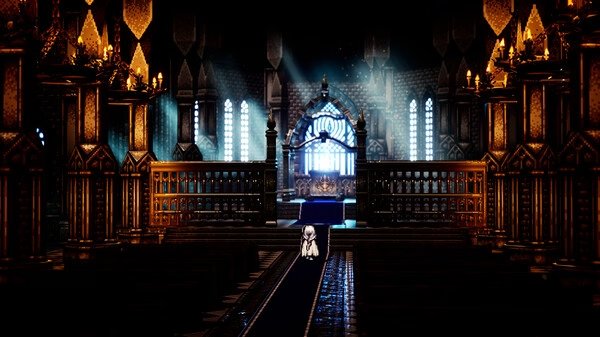 Screenshot from Octopath Traveler 0 showing a cloaked figure in a grand, dimly lit cathedral with ornate pillars and stained glass.