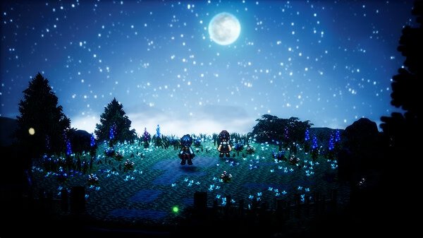 Screenshot from Octopath Traveler 0 showing two characters standing in a moonlit field with glowing flowers under a starry sky.