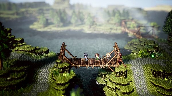 Screenshot from Octopath Traveler 0 showing four characters standing on a wooden bridge surrounded by lush greenery and a river.