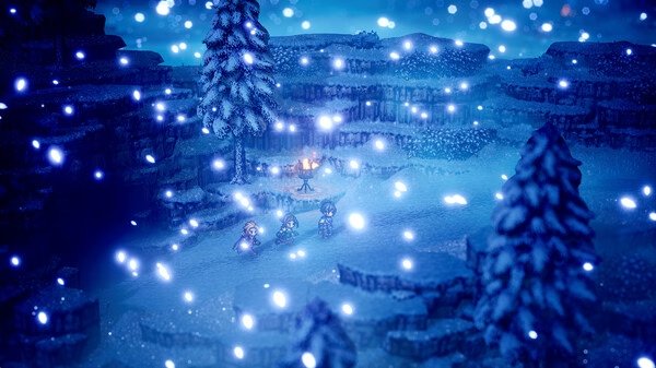 Screenshot from Octopath Traveler 0 showing characters by a campfire in a snowy, illuminated landscape with trees.