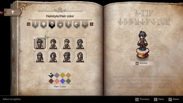 Screenshot of Octopath Traveler 0 showing a character customization menu with hairstyle and hair color options.