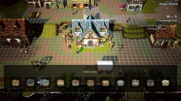 Screenshot from Octopath Traveler 0 showing a quaint town with various buildings and a character prompt to "Select a style."