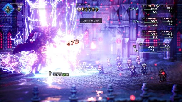Screenshot from Octopath Traveler 0 showing a battle scene with characters casting a 'Lightning Blast' spell against an enemy.