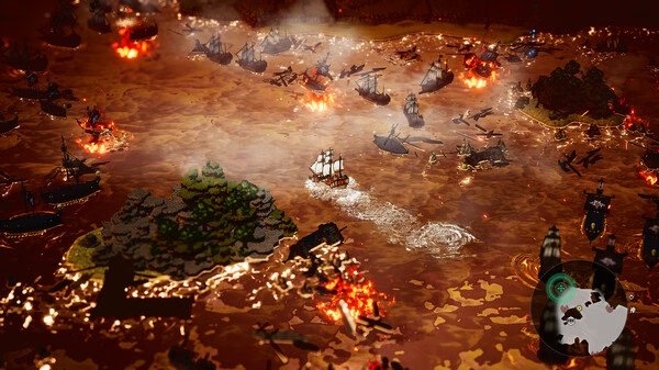 Octopath Traveler 0 screenshot: A fleet of ships navigates a fiery, battle-torn sea with smoke and flames illuminating the night.