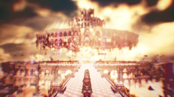 Screenshot from Octopath Traveler 0 showing a character approaching a majestic, floating castle in a dreamy, sunlit sky.