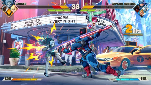 Screenshot of MARVEL Tōkon: Fighting Souls showing Captain America battling Danger outside Dazzler's Disco Show with a 2-hit combo.