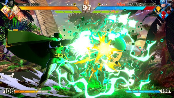 Screenshot of MARVEL Tōkon: Fighting Souls showing Doctor Doom and Captain America battling with vibrant energy blasts.